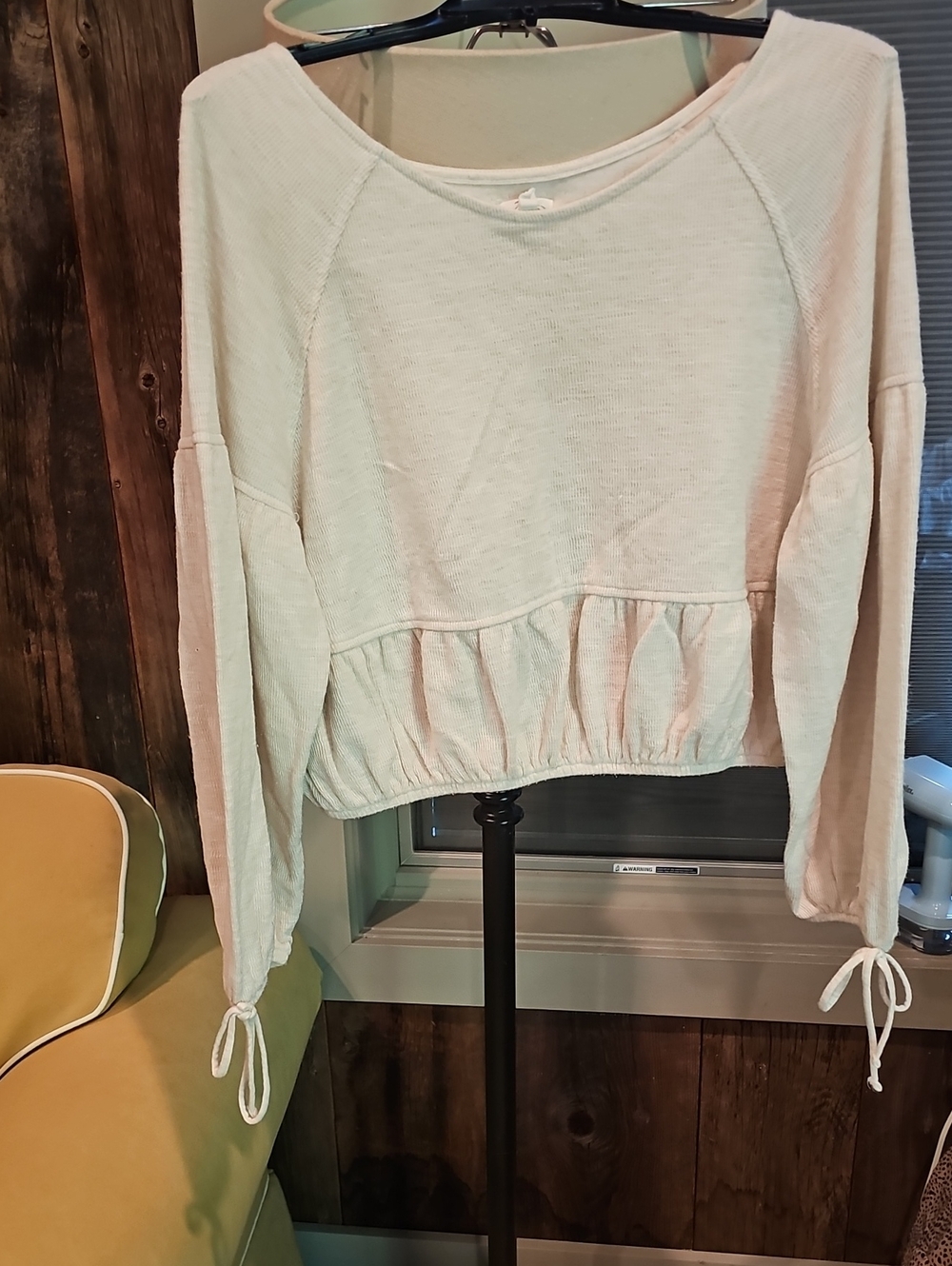 aerie Cream Cropped Long-Sleeve Sweatshirt with Tie Cuffs
